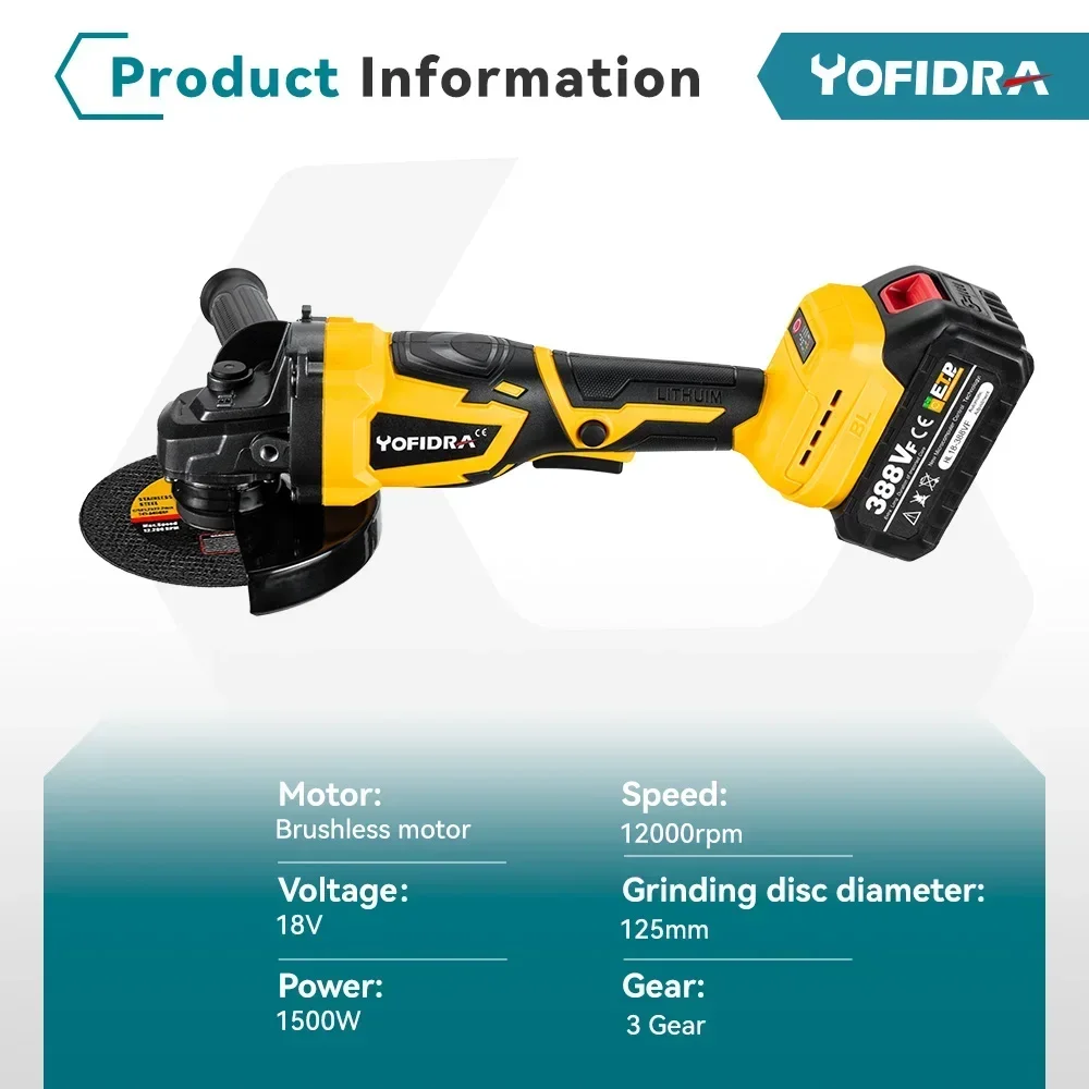 Yofidra 125mm Fırçasız Açı Öğütücü Makita 18 V Pil 12000 Rpm 3 Dişli M14 Akülü Elektrikli Darbeli Taşlama Güç Aracı