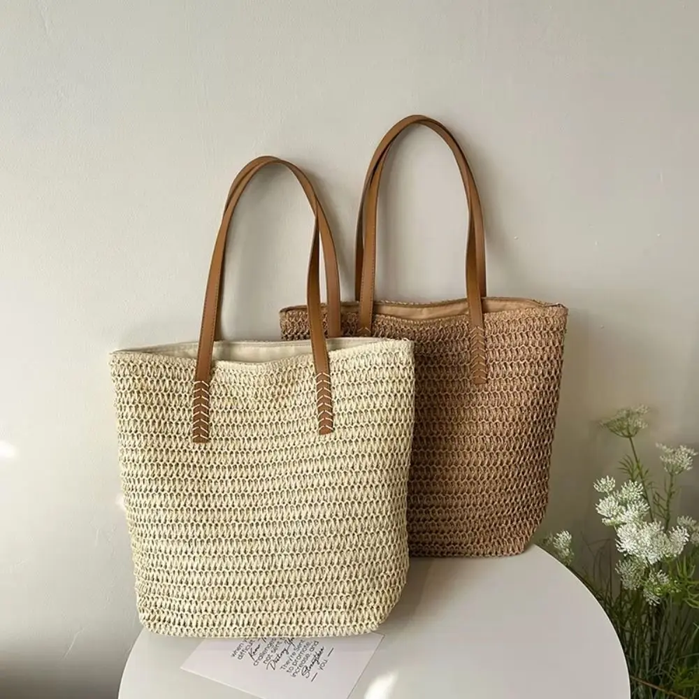 Bolso Tote de Paja Tejida de Color Liso Casual, Bolso de Playa Cuadrado con Cremallera, Bolso de Hombro de Rafia Tejida Estilo Bohemio para Verano