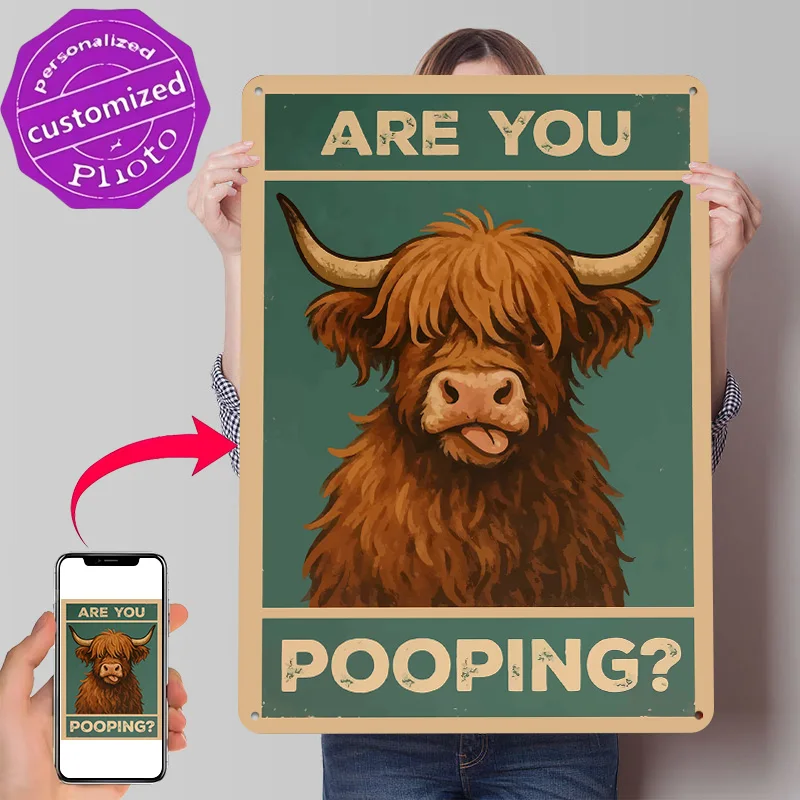 Funny Highland Cow Pooping 3D Texture Metal Poster Customized Wall Art Tin Sign Gift for Mancave Office Decoration Gaming House