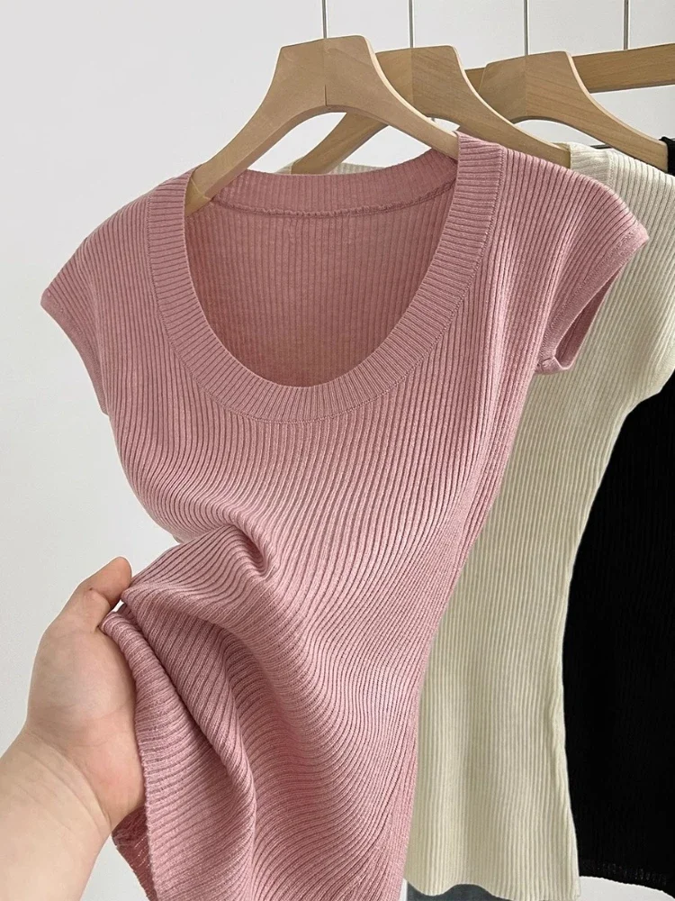 

AOSSVIAO Basic U-neck Solid Thin Summer 2025 Pullover Women Female Knitted Ribbed Sweater Slim Short Sleeve Bodycon Sweater