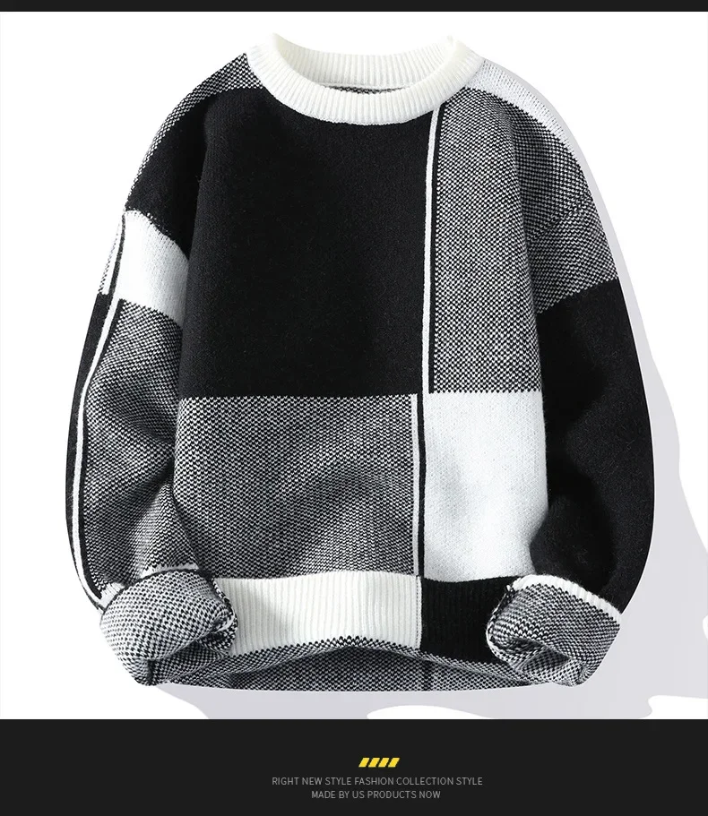 

2025 New Men Spliced O Neck Sweaters Flat Knitted Jumpers Loose Fit Long Sleeve Casual Sweaters Slight Strech Patchwork Pullover