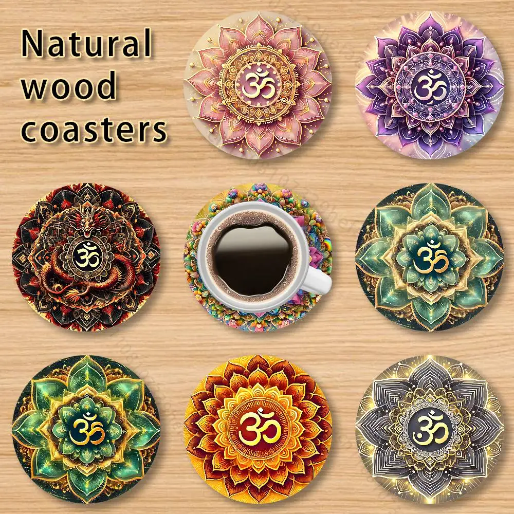 

Yoga Aum Om Mandala Elegant Round Wooden Coaster 4 Inch Heat-Resistant Anti-skidding Home Party Theme Decor Photo Props Gifts