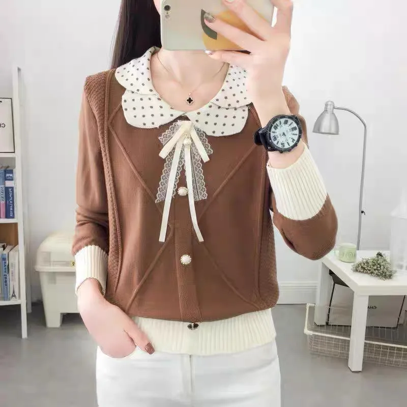 Maglione di fascia alta dopamina da donna colletto per bambola maculato fiocco dolce maglione pullover lavorato a maglia a maniche lunghe