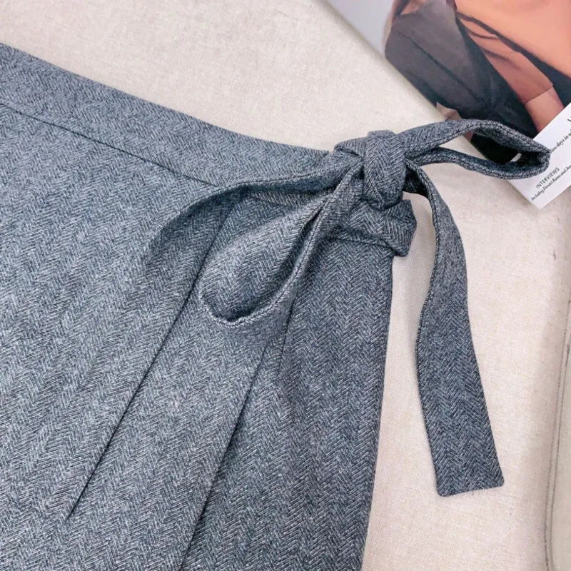 EAEOVNI Elegante Wollen Lange Rok Voor Vrouwen Lace-up Verzamelde Taille Effen Kleur Een Lijn Lange Rokken Mode 2026 nieuwe Kleding