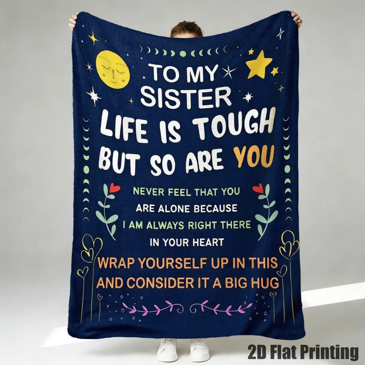 Sister Inspirational Quote Flannel Blanket Moon Star Heart Message Throw Blanket for Sofa Bed Couch Bedroom Living Room Sister Birthday Gift Home Decor Cozy Nap Blanket Office Travel Family Appreciation Bedding Friendship Gift Encouragement Room Accent
