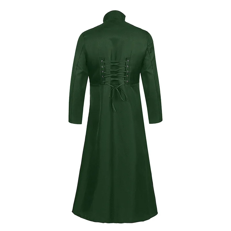 

Vintage Medieval Solid Color Long-sleeved Stand-up Collar Three-breasted Men's Jacket Cross-strap Waist Long Top
