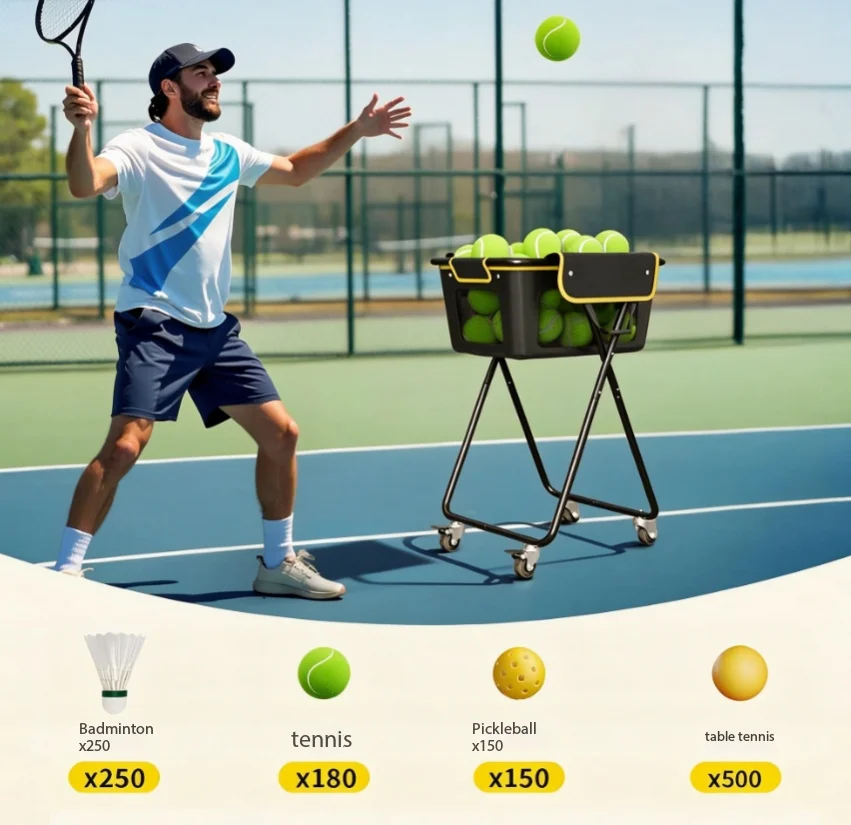 Foldable Wheeled Ball Storage Cart, Portable Rolling Tennis Pickleball Ball Basket with Movable Wheels, Ball Collector Trolley