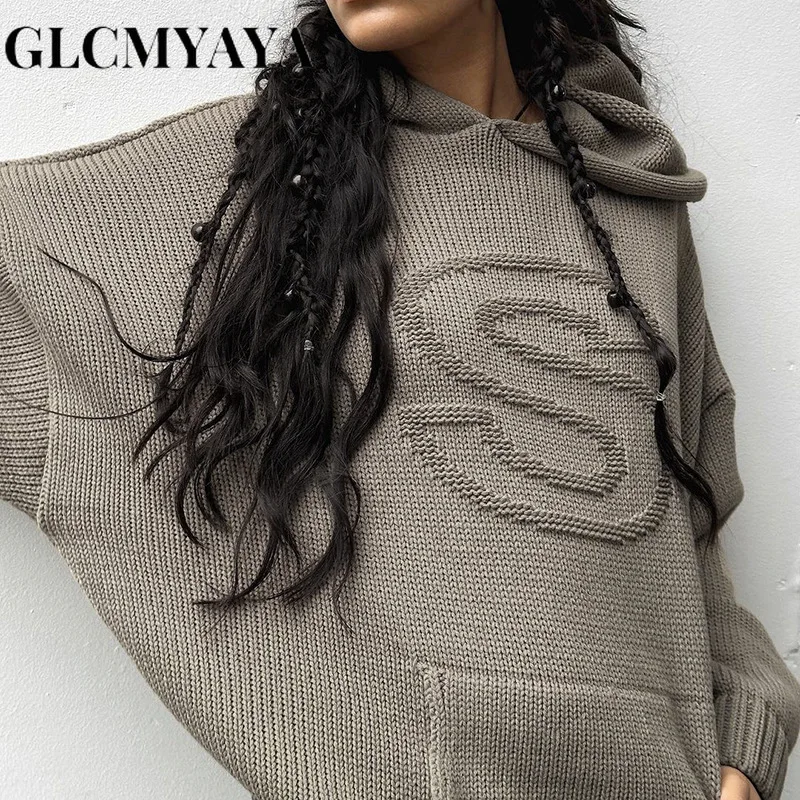 GLCMYAYA Women American Retro LOOSE Letter Pockets Hooded Sweatshirts 2023 INS Streetwear Fashion Basics Long Sleeve Hoodies