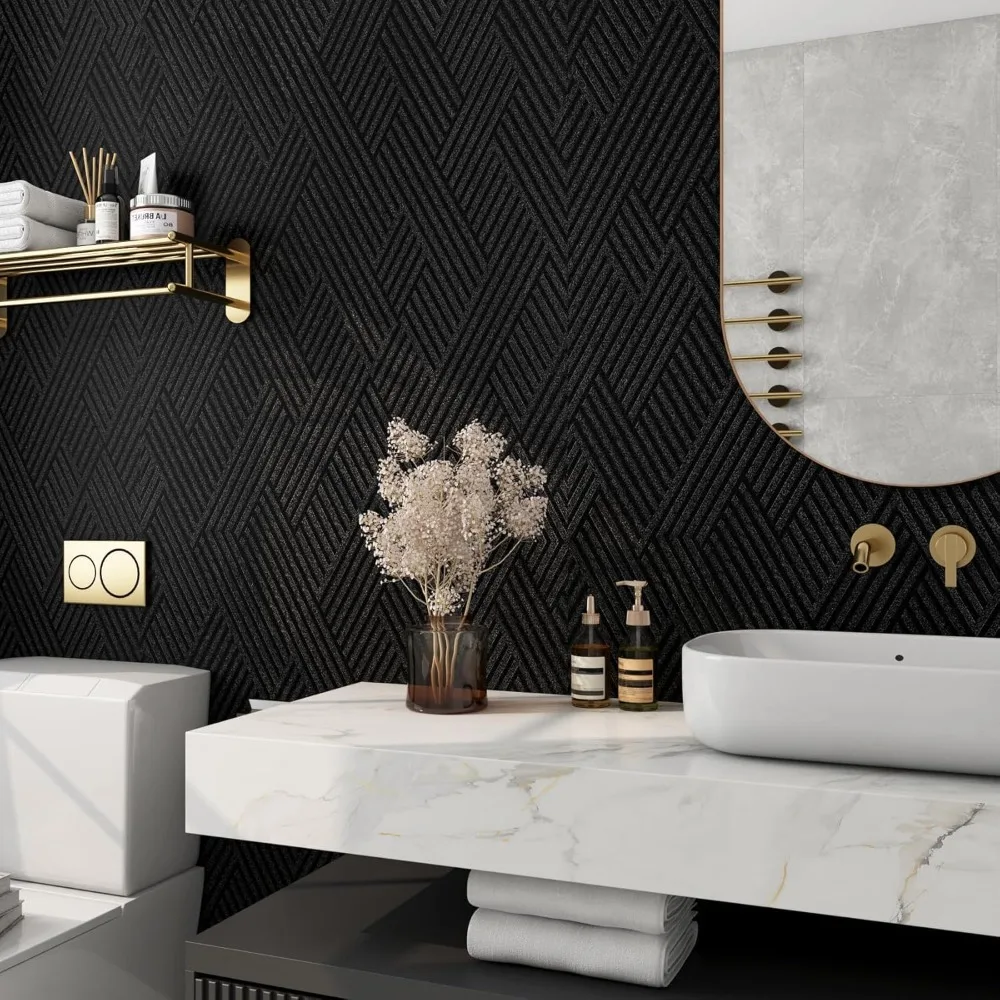 ورق جدران أسود هندسي مقاوم للماء قابل للتقشير واللصق للحمامات والمطابخ، ورق اتصال خزانة مزخرف يدوم طويلاً