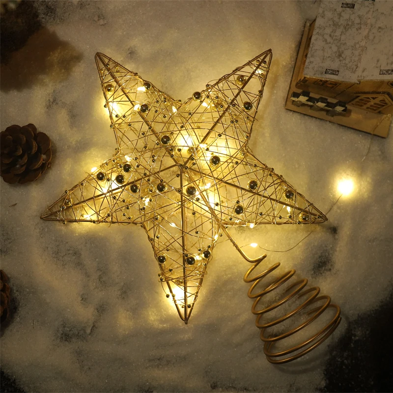 Christmas Tree Topper LED Light Star With Pearl Wire Christmas DIY Decorations For Home Xmas Tree Ornaments 2025 New Year Gift