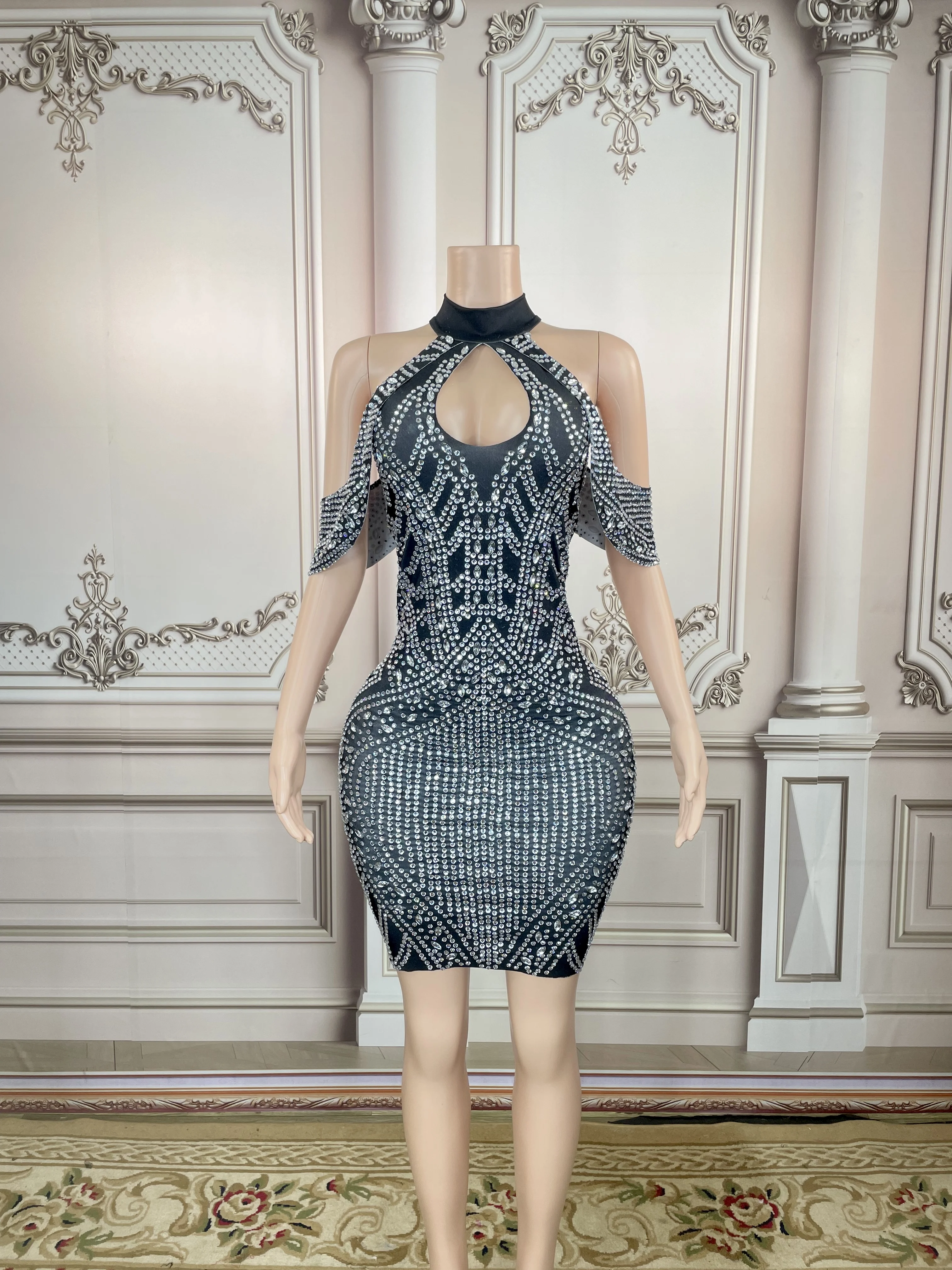 

Shining Silver Rhinestones Black Dress Women's Birthday Prom Celebrate Long Sleeves Dress Evening Dance Stretch Plus Size