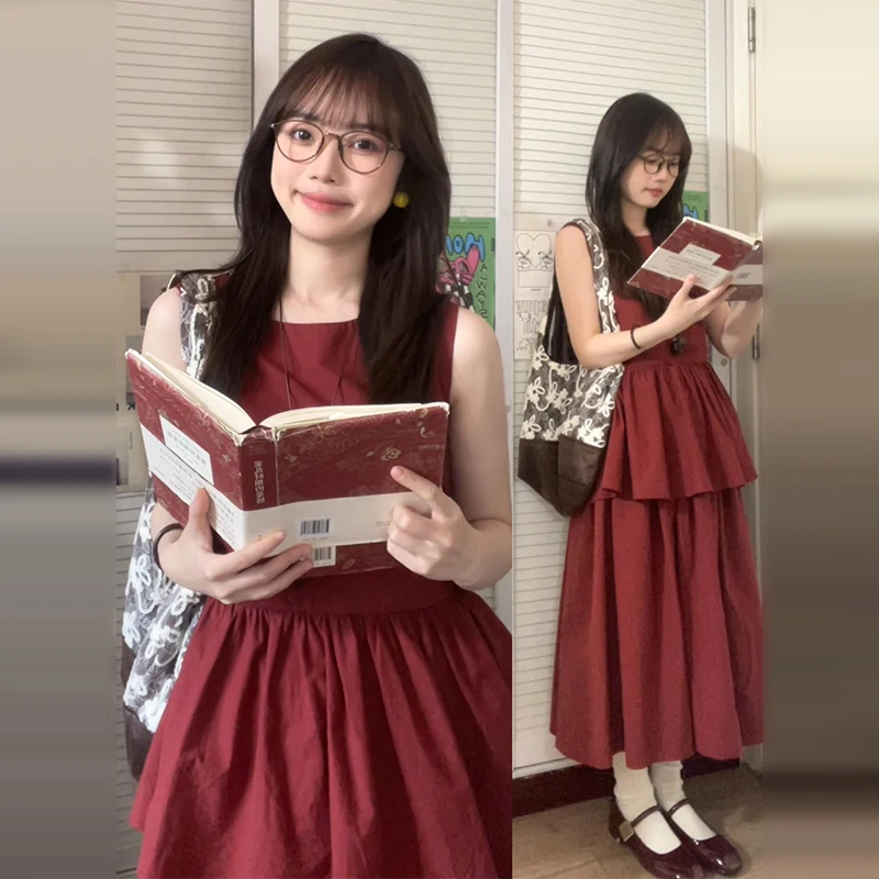 French Red Sleeveless Vest Dress Outfit Set for Women Summer High-End Small Design Long Skirt Included