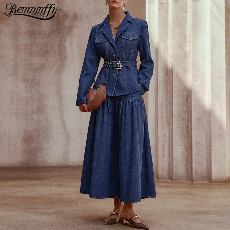 

Benuynffy 2 Pieces Set Women 2025 Autumn Notched Neck Belted Jean Top and High Waist Denim Long Skirt Two Piece Woman Outfit