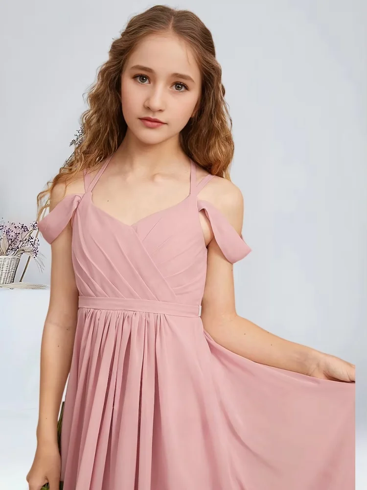 فساتين شيفون للأطفال الصغار بطول الأرض على شكل حرف a فساتين فتاة الزهور الساحرة للحفلات بكتف بارد فساتين وصيفة العروس لحفلات الزفاف وأحمر الخدود #3