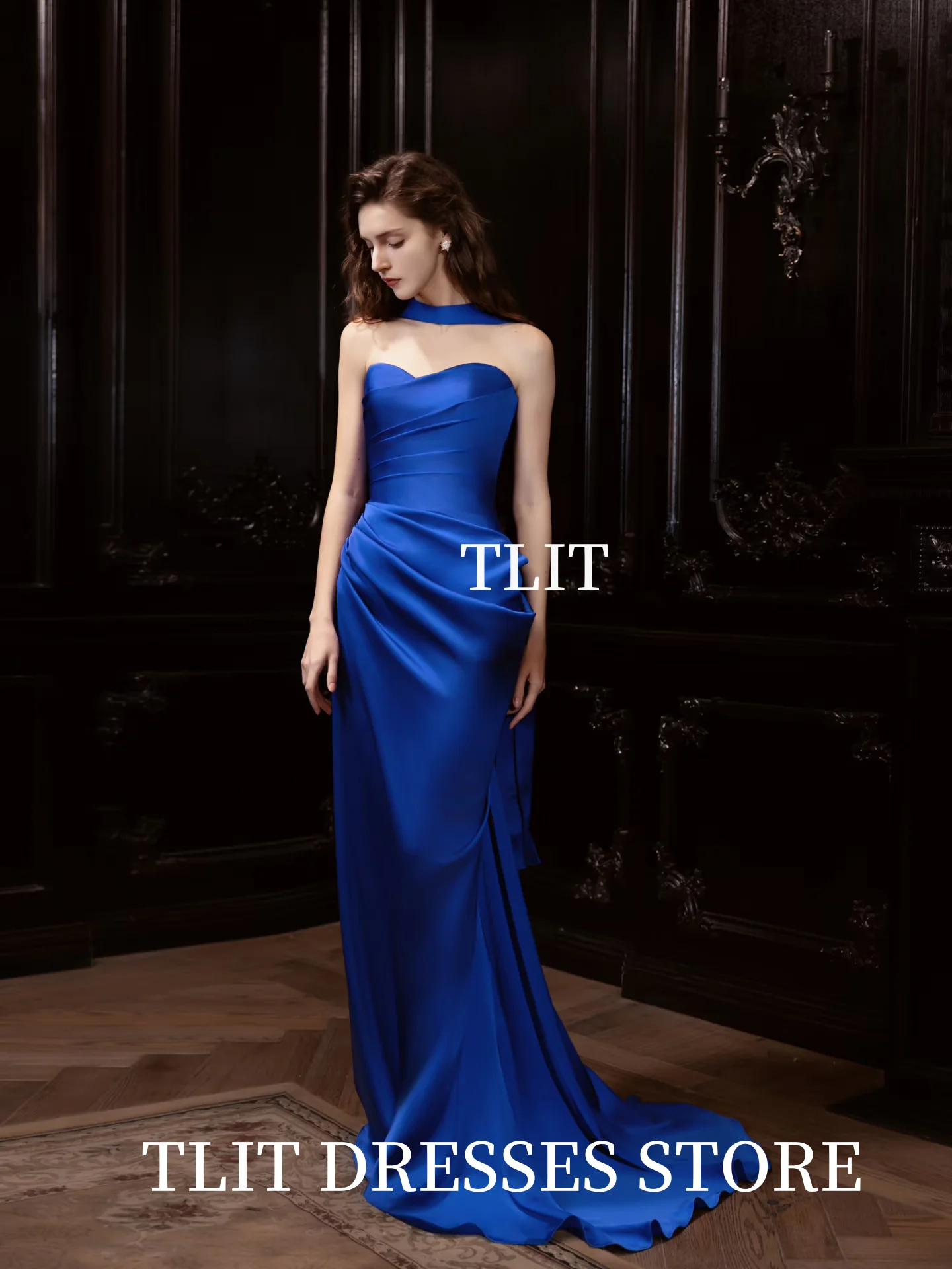 Eleganckie, szlachetne, niebieskie sukienki wieczorowe z jedwabnej satyny, bez ramiączek, vestido de noite, szyte na miarę, długie szale, sukienki bez rękawów na przyjęcia.