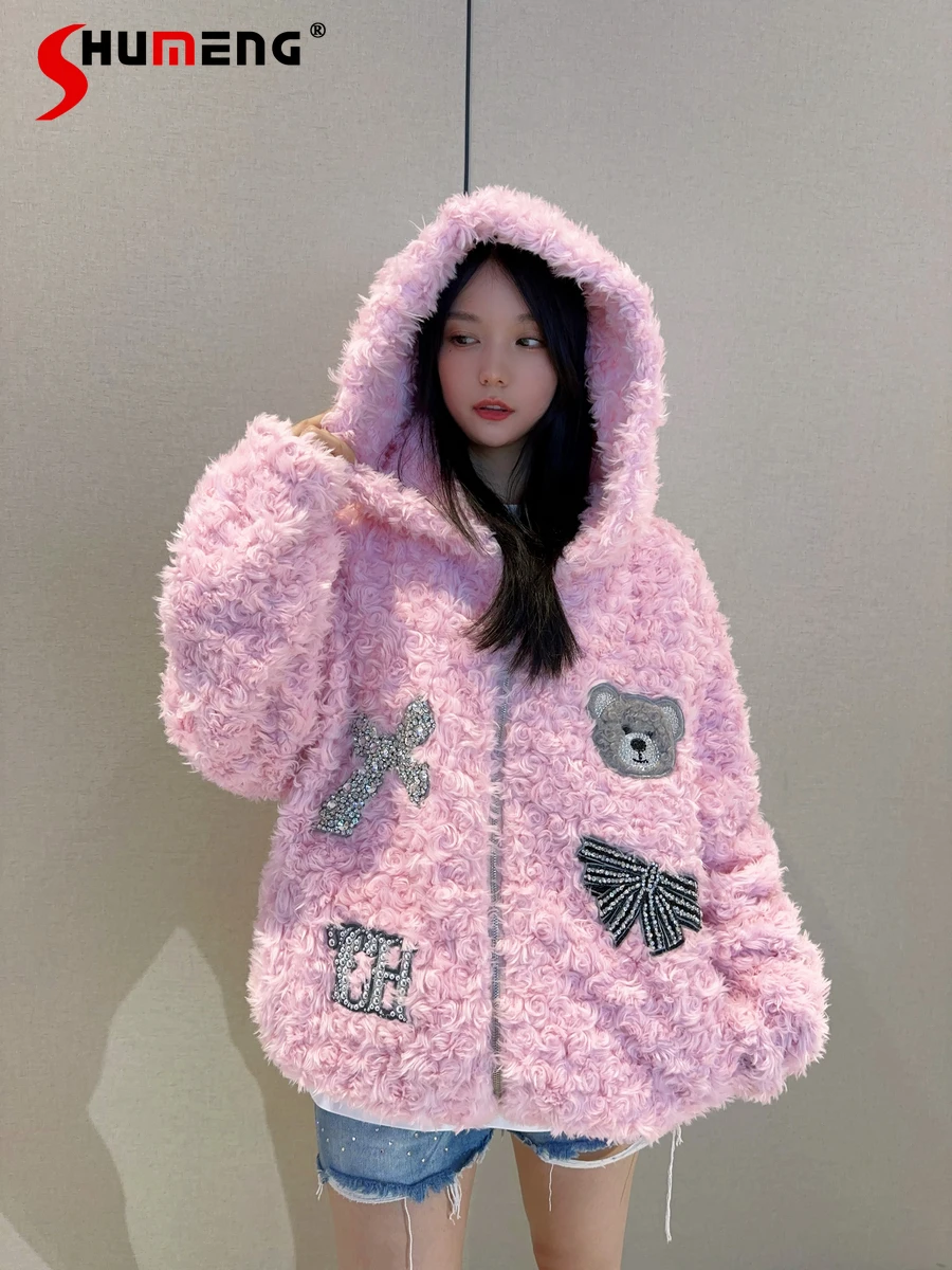 

Affordable Luxury Fashion High-End Furry Fall Winter Hooded Pink Rhinestone Bear Sweet Cute Furry Long Sleeve Loose Comfort Coat