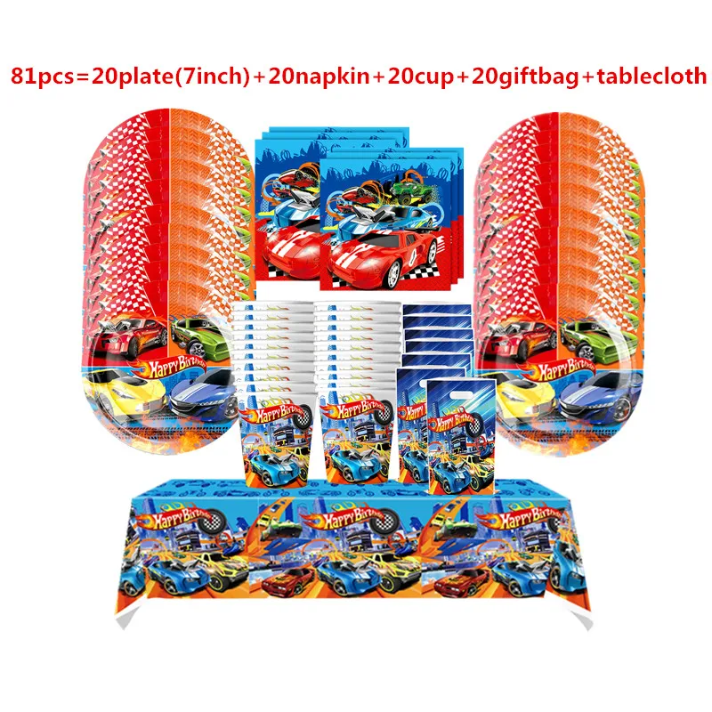 81pcs Hot Wheels boys Birthday Party Decorations Race Car Paper Plates Cups Napkins Gift BagsTableware set Baby Shower Supplies