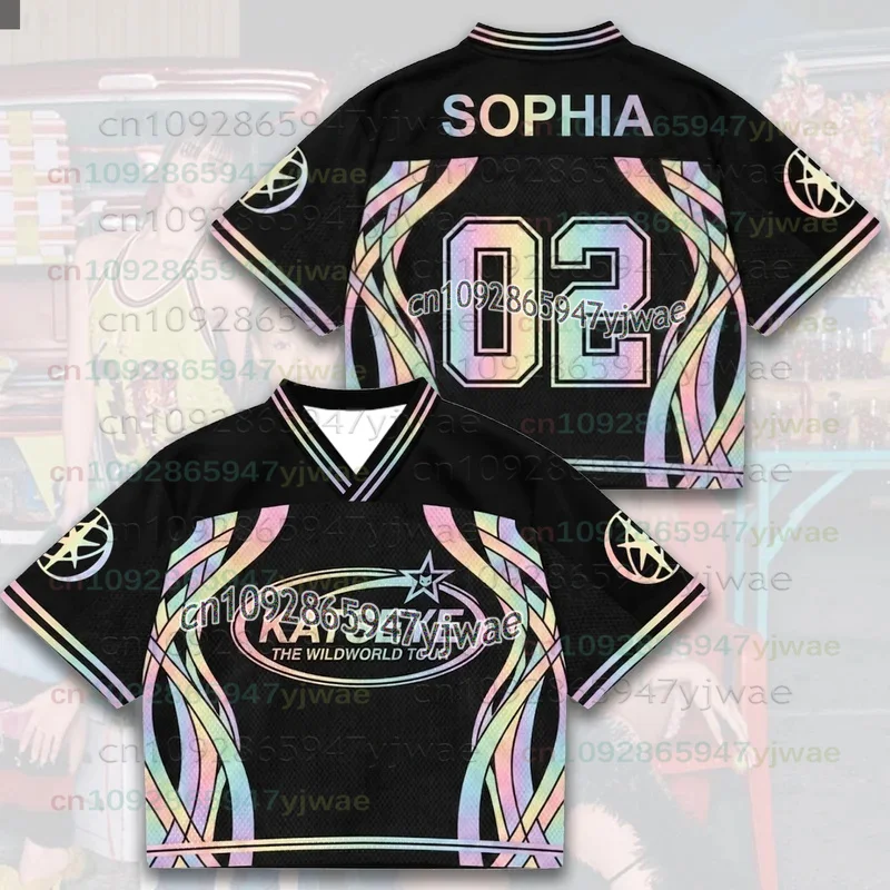 2026 Neues leuchtendes Katseye The Wildworld Tour Mesh-Jersey Geschenk für Eyekons Bunte gebogene Streifen Schwarzes T-Shirt für Männer Frauen Fans Oberteile – Detail 7