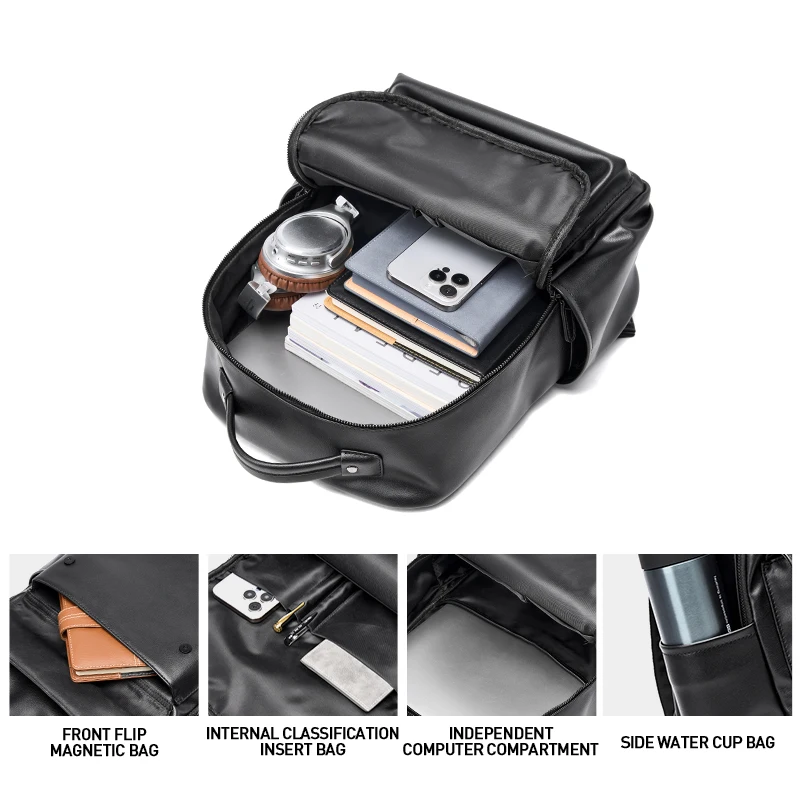 حقيبة ظهر جلدية مقاومة للماء للسفر للرجال مقاس 15 بوصة حقيبة ظهر للكمبيوتر المحمول بسعة كبيرة حقيبة ظهر مدرسية أنيقة لطلاب الجامعات #2