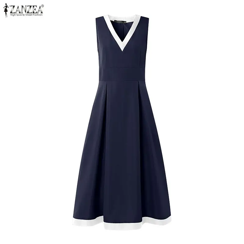 ZANZEA Elegantes ärmelloses Partykleid mit V-Ausschnitt für Damen, Sommer-Patchwork-Sommerkleid, stilvolles, tailliertes A-Linien-Kleid, Urlaubs-Midi-Robe – Detail 9