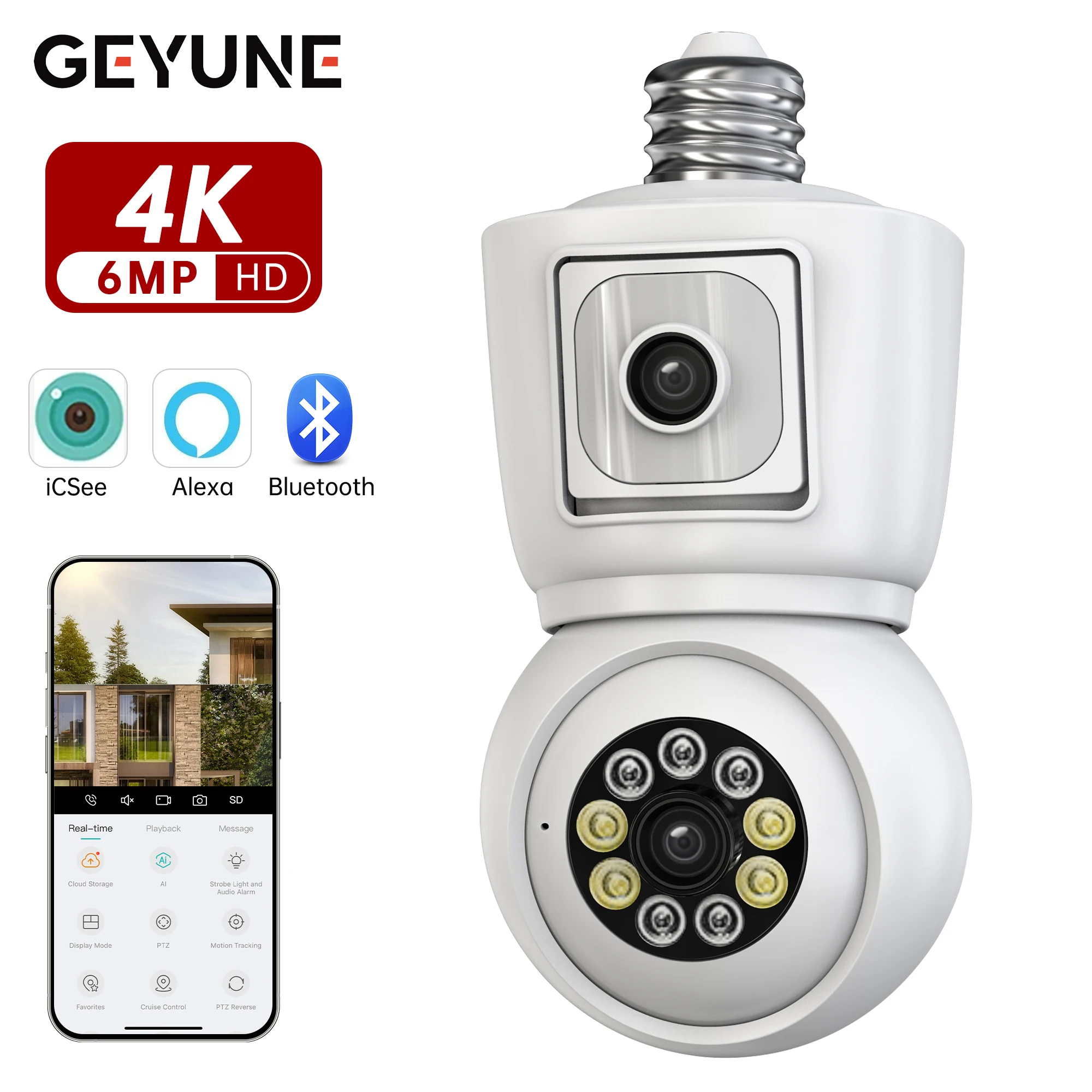 

8MP E27 Bulb WiFi Camera 4K Dual Lens Dual Screen Cam Auto Tracking Two Way Audio Night Vision CCTV Security Protection ICSEE