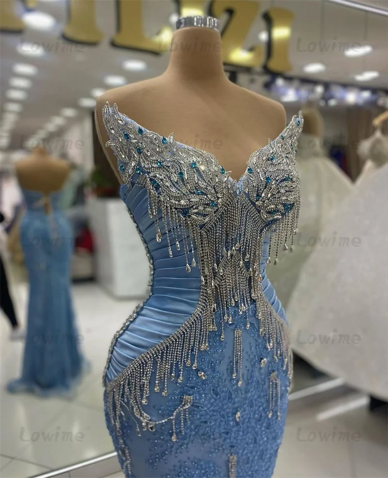 Crystals Blue Wedding Party Dress Long Mermaid Prom Gowns Customized Women Birthday Dress Formal Evening Dresses Engagement Gown