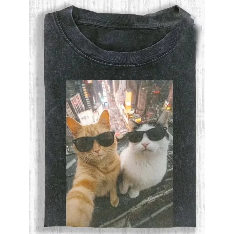 Hip-Hop-Gang-Katzen-Grafik-T-Shirt, Vintage, locker geschnitten, Oversize, kurzärmelig, lässiges Streetwear-Oberteil, Unisex, lustiger Haustier-Tierdruck. – Detail 5