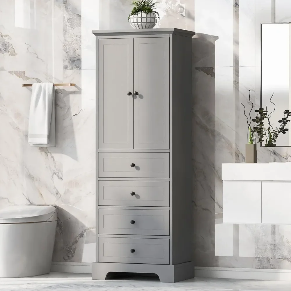 

Tall Bathroom Storage Cabinet with 2 Doors and 4 Drawers, Freestanding Floor Cabinet with Adjustable Shelves, Large Wood Linen