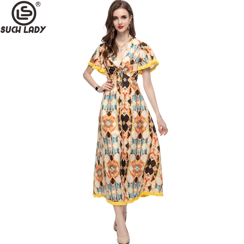 

Women's Runway Dresses V Neck Short Sleeves Printed Lace Up Fashion Piping High Street Vestidos