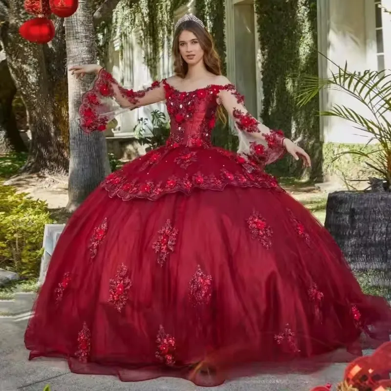 Vestidos De quinceañera De manga larga De tul Borgoña personalizados, Vestido De quinceañera con apliques De encaje, Vestido De 15 Años, fiesta De quinceañera