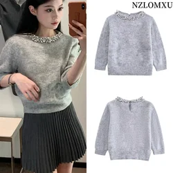 Women's Short Sweater Retro O-neck Casual Women's Long-sleeved Pullover Textured Top   Fashion Jewelry-embellished Neckline