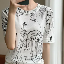 2022 new cashmere short sleeve spring and summer women's fashion short sleeve O-neck Pullover cashmere sweater graffiti short sl