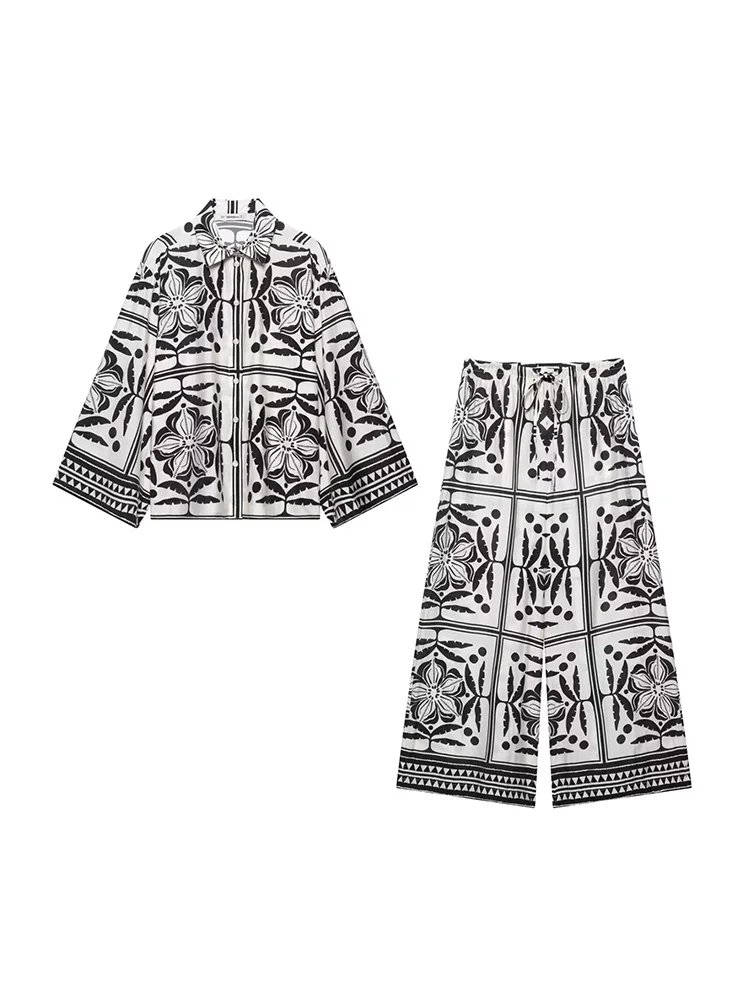 

SIYANG Women Fashion 2 Piece Set Printed Single Breasted Shirts & Vintage Elastic Waist Trousers Feamle Chic Lady Pants Sets