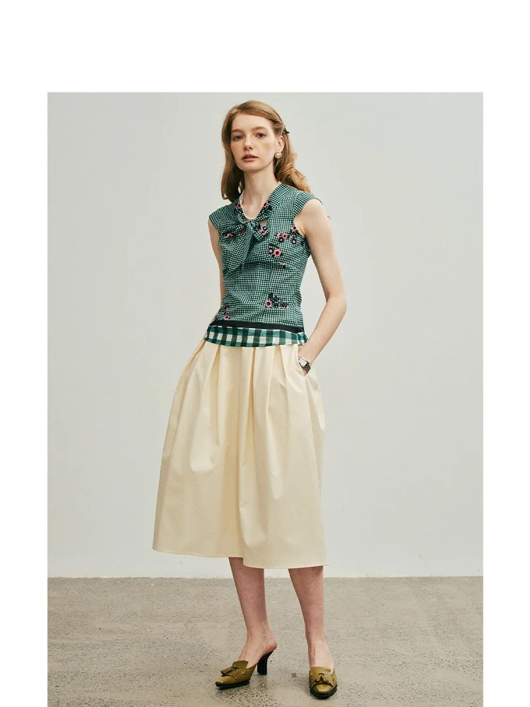 

Ele HAVEHAS Soft Cr High-End 3D Pleated Slimming Midi Skirt Faionable Ci Commute Cotton Blend Skirt