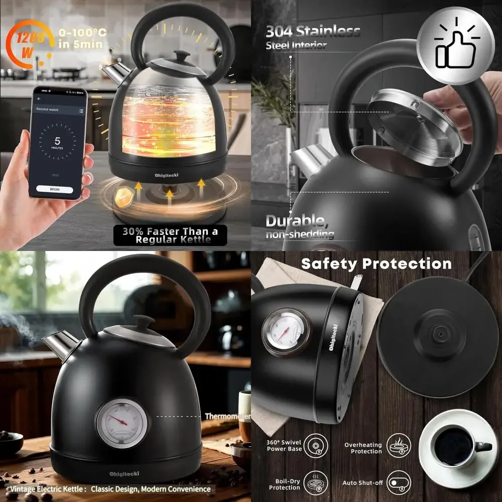 

Retro 1.7L Stainless Steel Electric Kettle with Temperature Gauge, Auto Shut-Off & Boil-Dry Protection for Home/Office Use