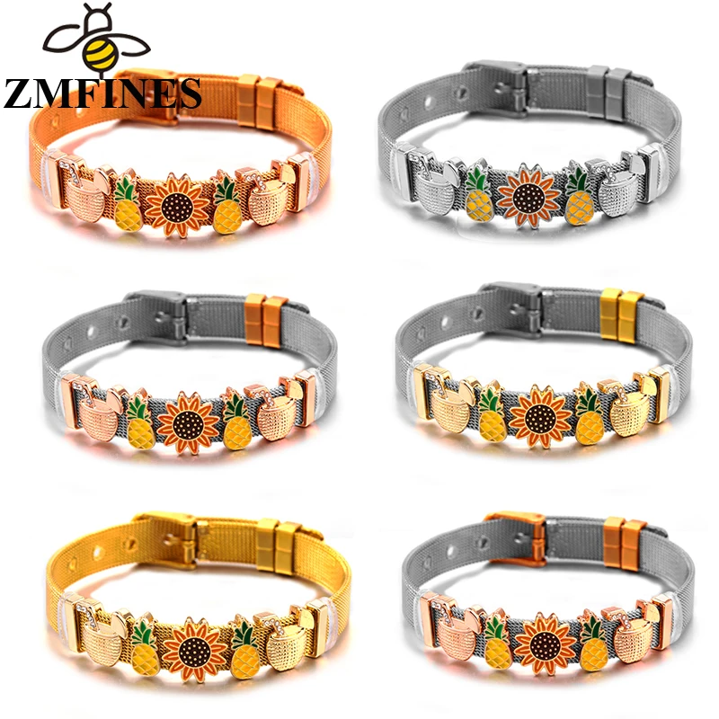 

Hot Selling Fruit Series 10mm Pineapple Bead Stainless Steel Mesh Bracelets DIY Charm Keeper Bracelets Bangle For Women Jewelry