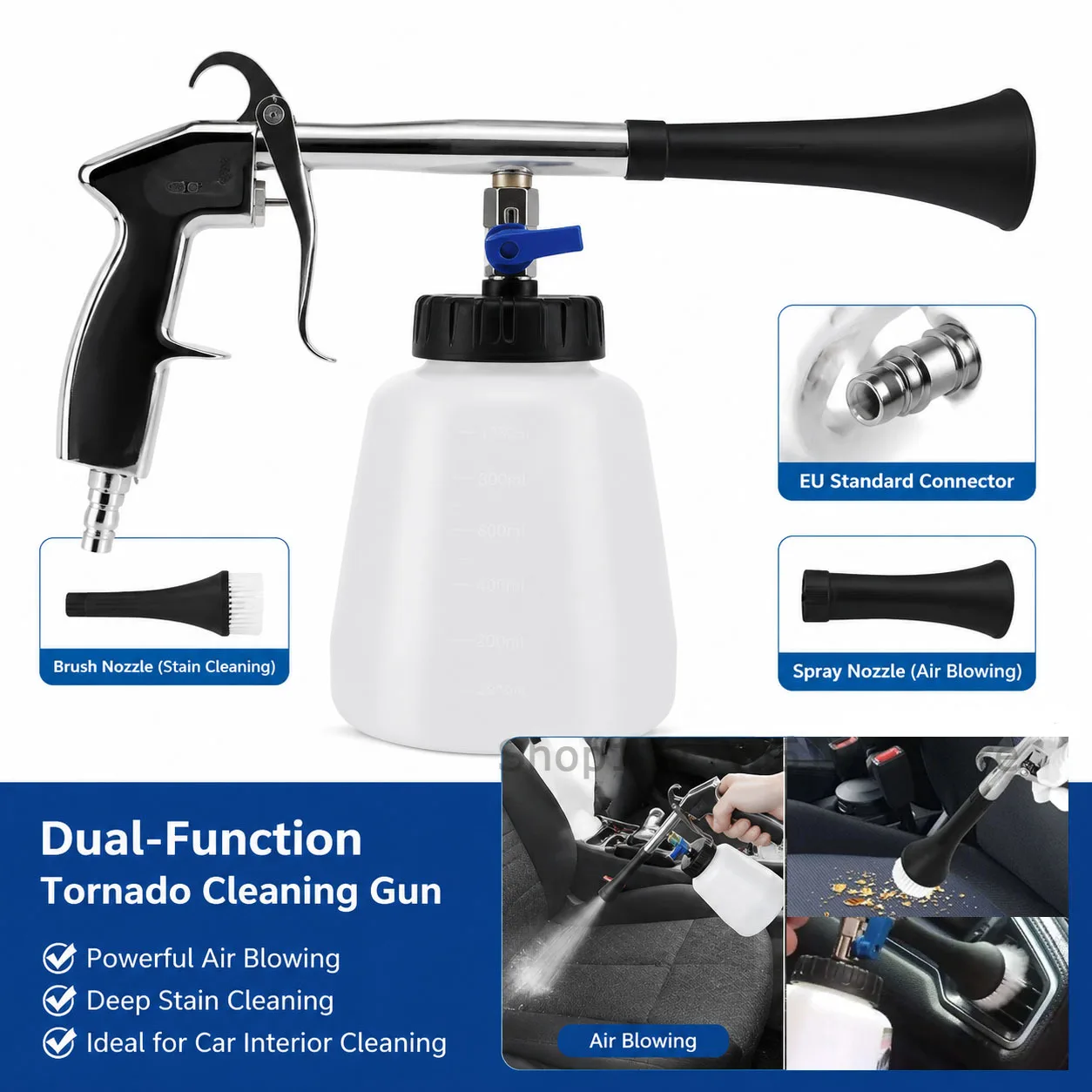 Souffleur d'air haute pression portatif pour le nettoyage intérieur des voitures, pistolet pneumatique Tornado Cyclone pour le detailing automobile avec brosse