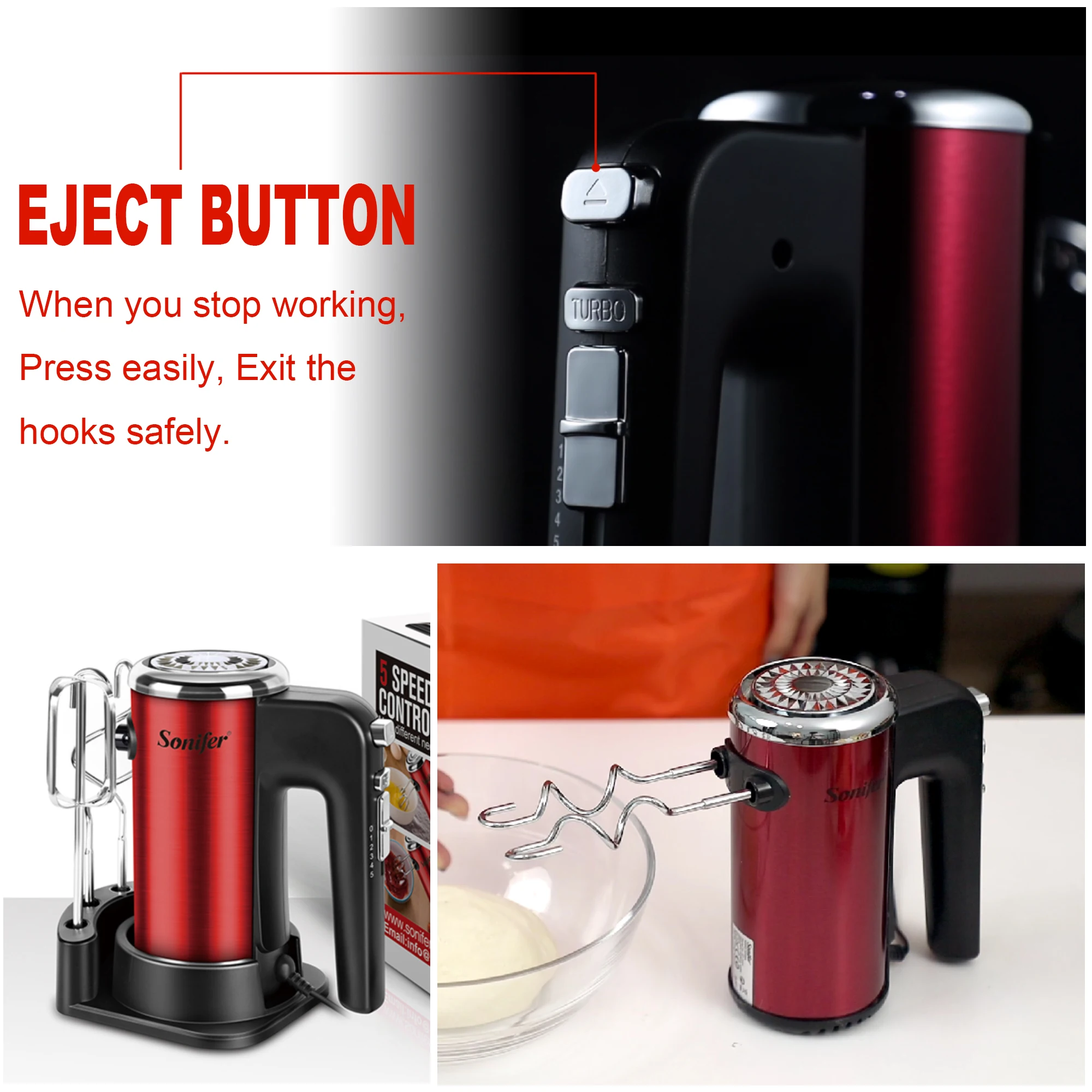 Red Food Mixer Electric Stainless Steel Kitchen Blender With Dough Hooks Chrome Egg Beater Hand Mixer Machine For Bakery Sonifer