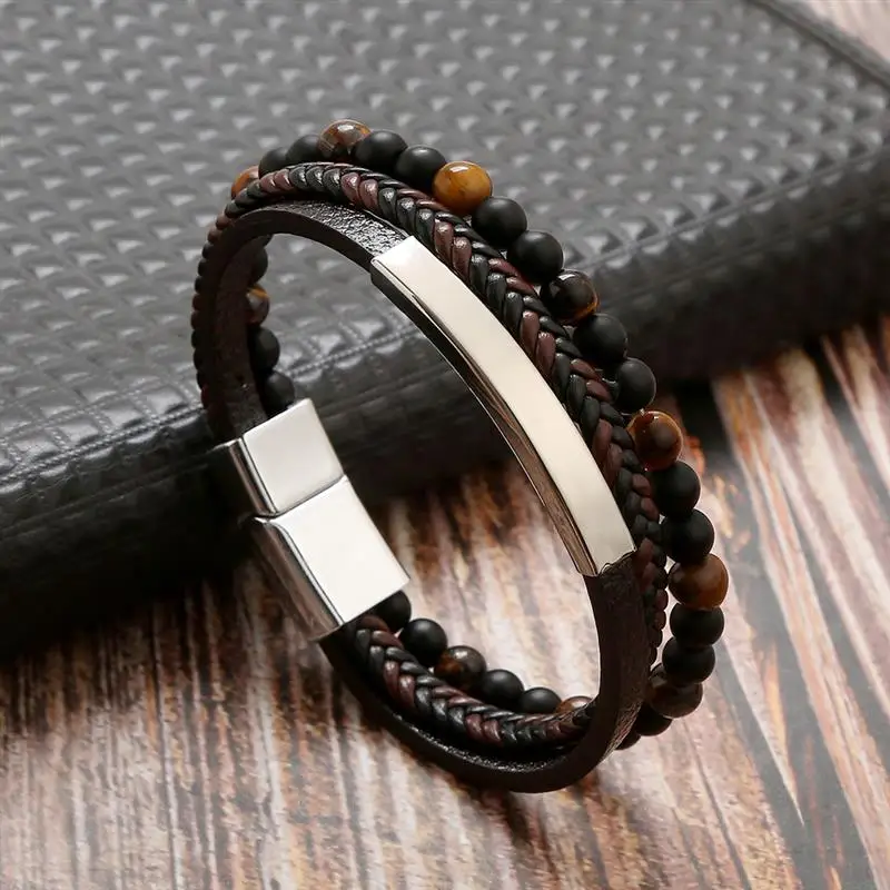 Classic Hand-Woven Leather Bracelet 19/21/23cm Fashion Multi Layer Beaded Leather Bracelet for Men Punk Bangle Jewelry Gift