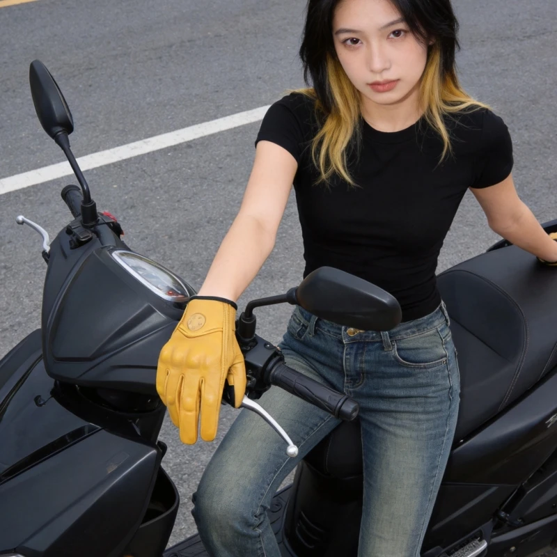SUOMY Retro Leather Motorcycle Gloves Men Women Pink Yellow Vinage Leather Motocross Glove Full Finger Motorbike Riding Gloves