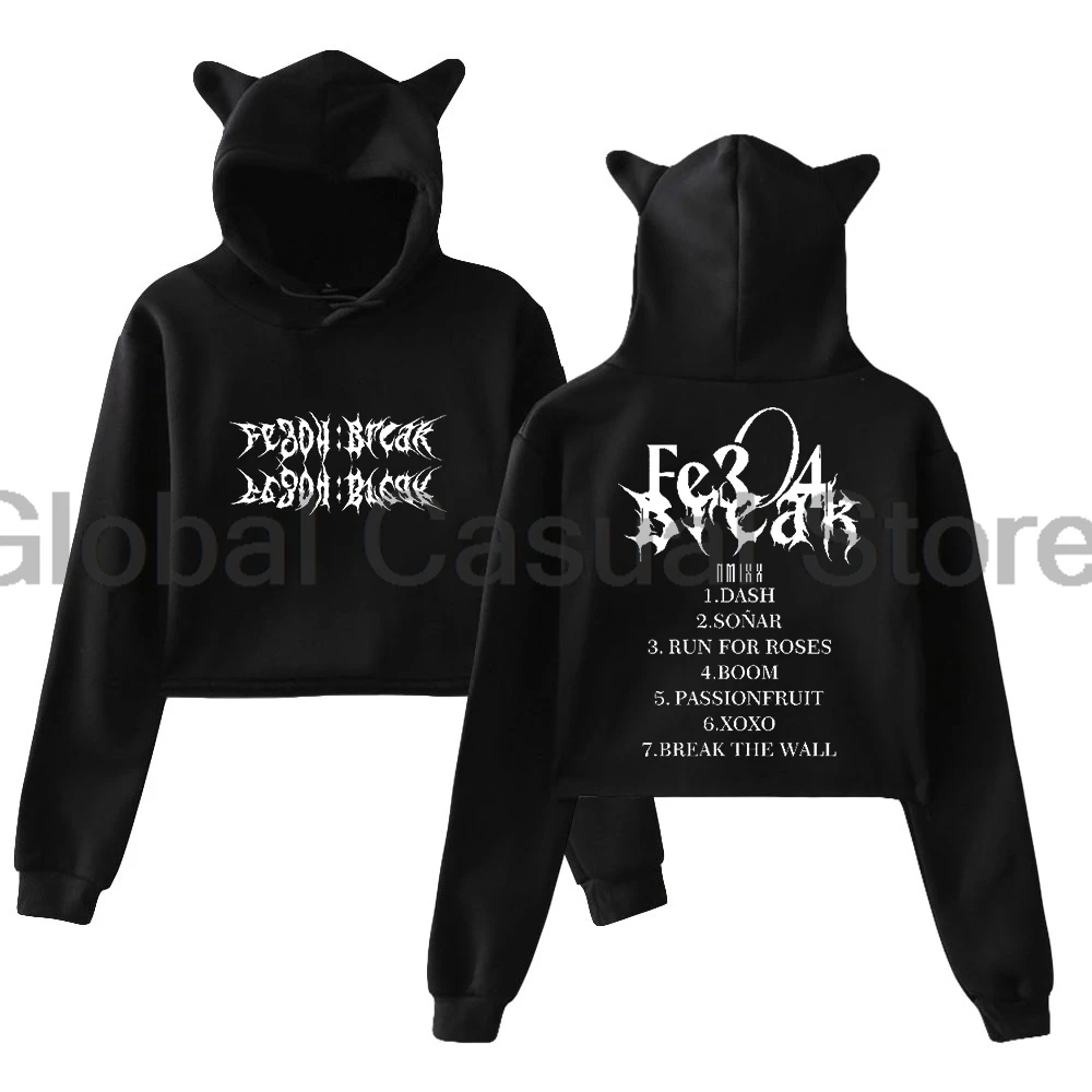 

Kpop NMIXX Fe3O4 Break Album Pullover 2024 Tour Cat Ears Hoodie Long Sleeve Streetwear Crop Top Women's Clothes