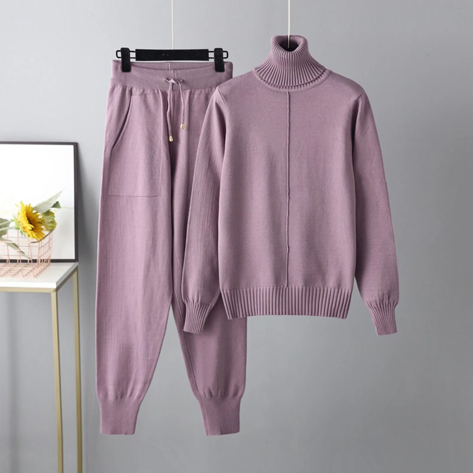 Women Autumn And Winter Fashion Temperament Loose Casual High Neck Top And Wide Leg Pants Knitted Sweater Two Formal Romper