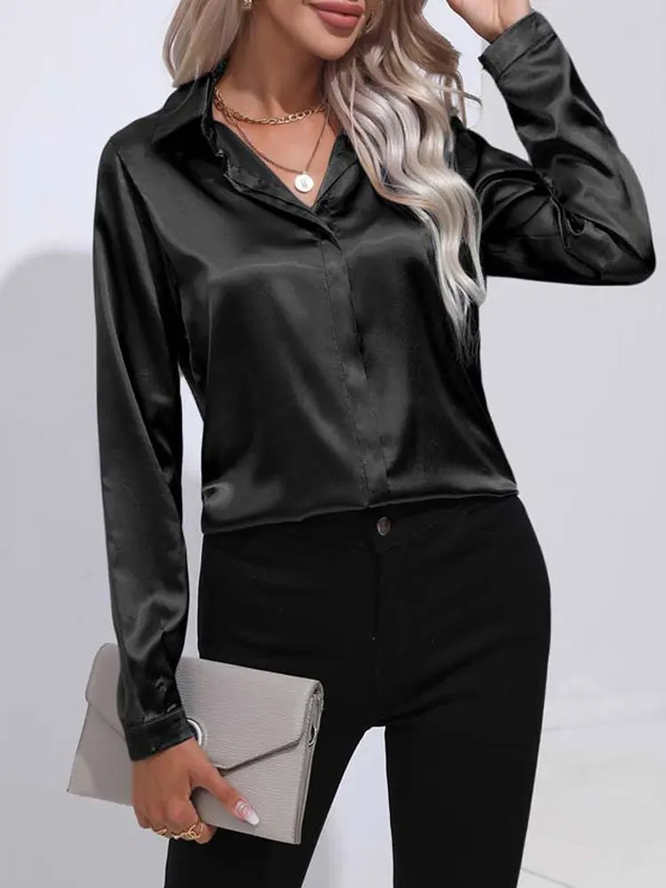 Loose Shirts For Women 2023 Spring Summer Satin Shirt Women V Neck Long Sleeve Office Shirt Blouses Ladies Black White Silk