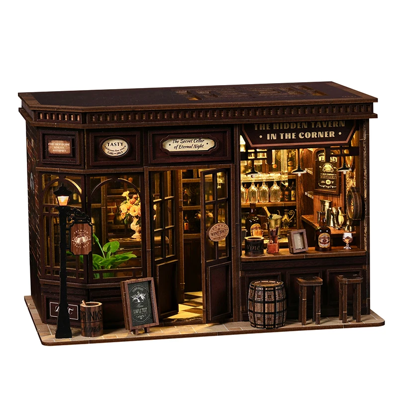 Casa de taberna de esquina DIY, Kit de modelo en miniatura de madera, rompecabezas 3D con muebles ligeros, casas de muñecas, cabaña para amigos, regalos de cumpleaños