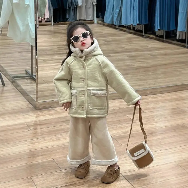 

Girls' Autumn Winter Suede Fabric Warmth Coat Thicken Hooded Overcoat Pure Color Jacket New Fashion Comfortable Children Clothes