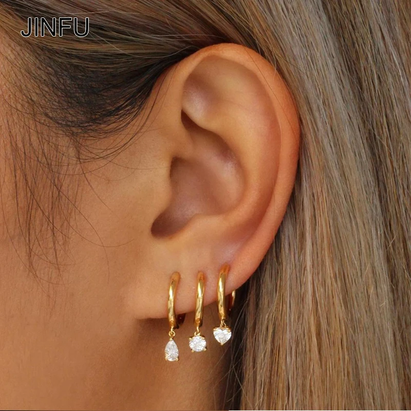 

JINFU Classic Gold Silver Plated Hoop Earrings For Women Cubic Zirconia Dangle Earrings 2022 Fashion women Jewelry wholesale