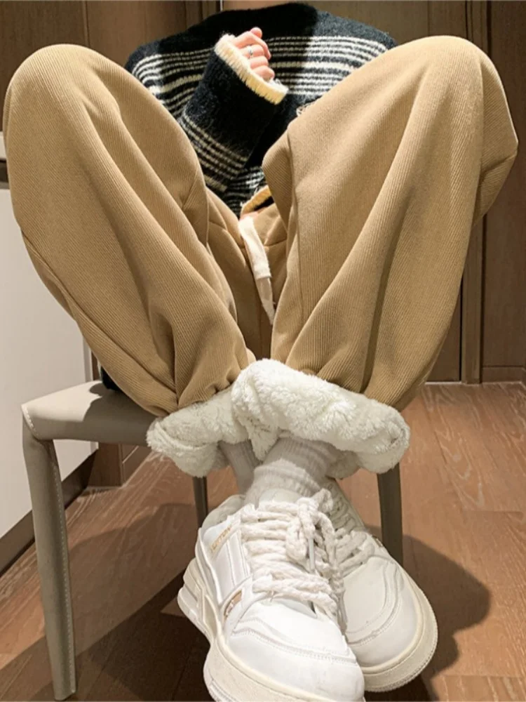 

Мужские спортивные брюки с подкладкой из овечьей шерсти, осенне-зимние теплые брюки, американские ретро-спортивные штаны с манжетами, молодежные модные брендовые брюки