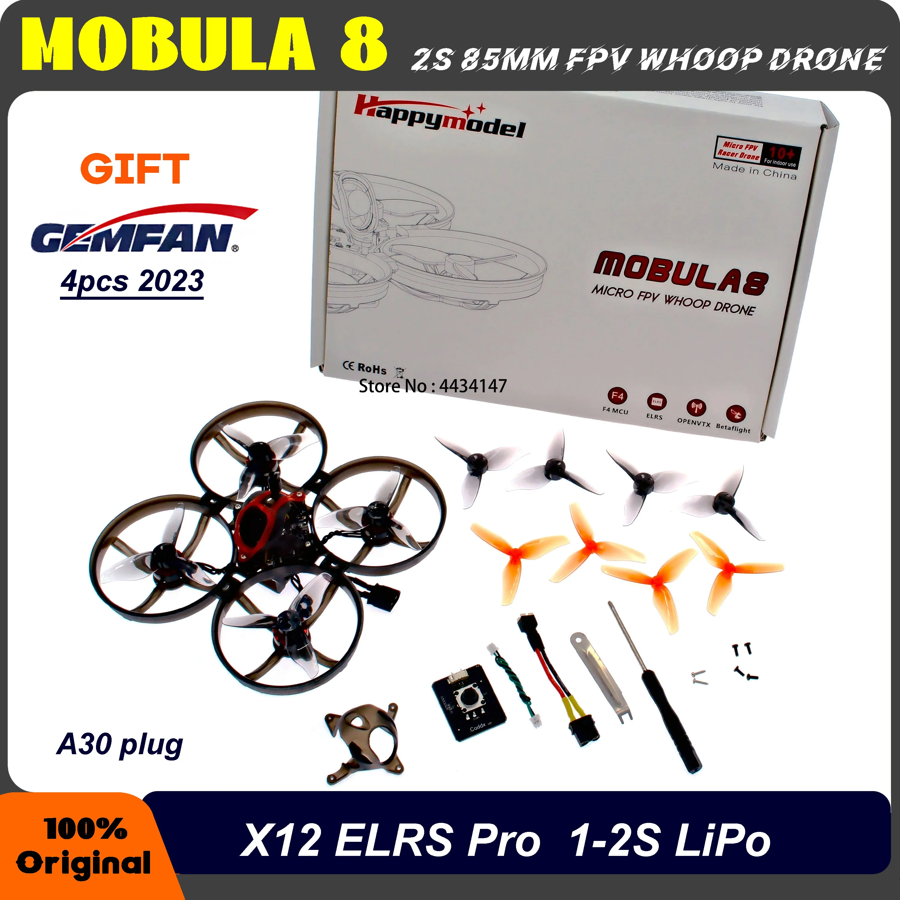 

HappyModel Mobula8 1-2S 85mm Micro FPV Whoop Drone X12 AIO FC 400mW OPENVTX ELRS/FRSLY Receiver Caddx Ant 1200TVL EX1103 KV11000