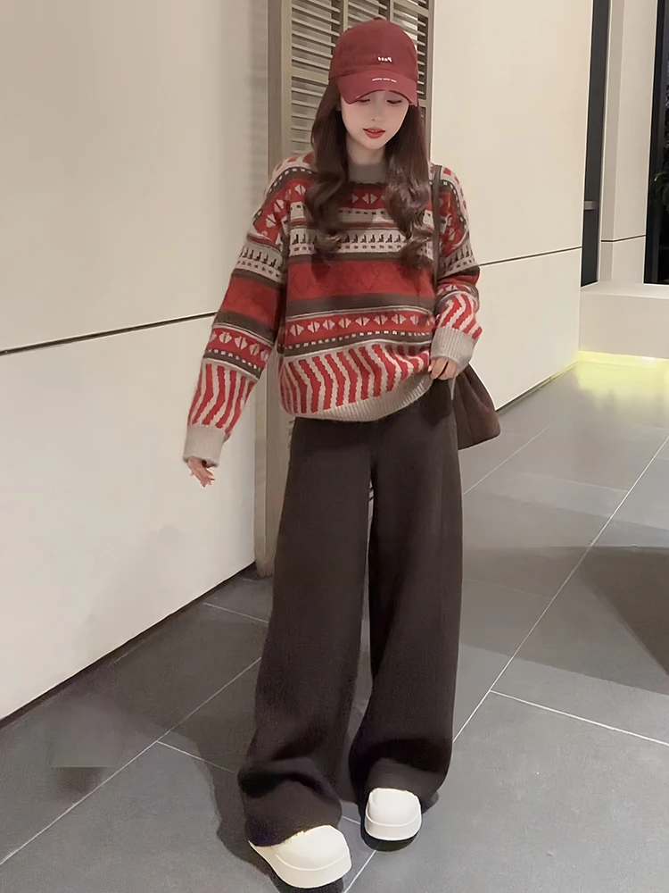 

Женский вязаный свитер и брюки с широкими штанинами на высокой талии, комплект из двух предметов, зимний повседневный стиль, круглый вырез, уютный, теплый, утолщенный