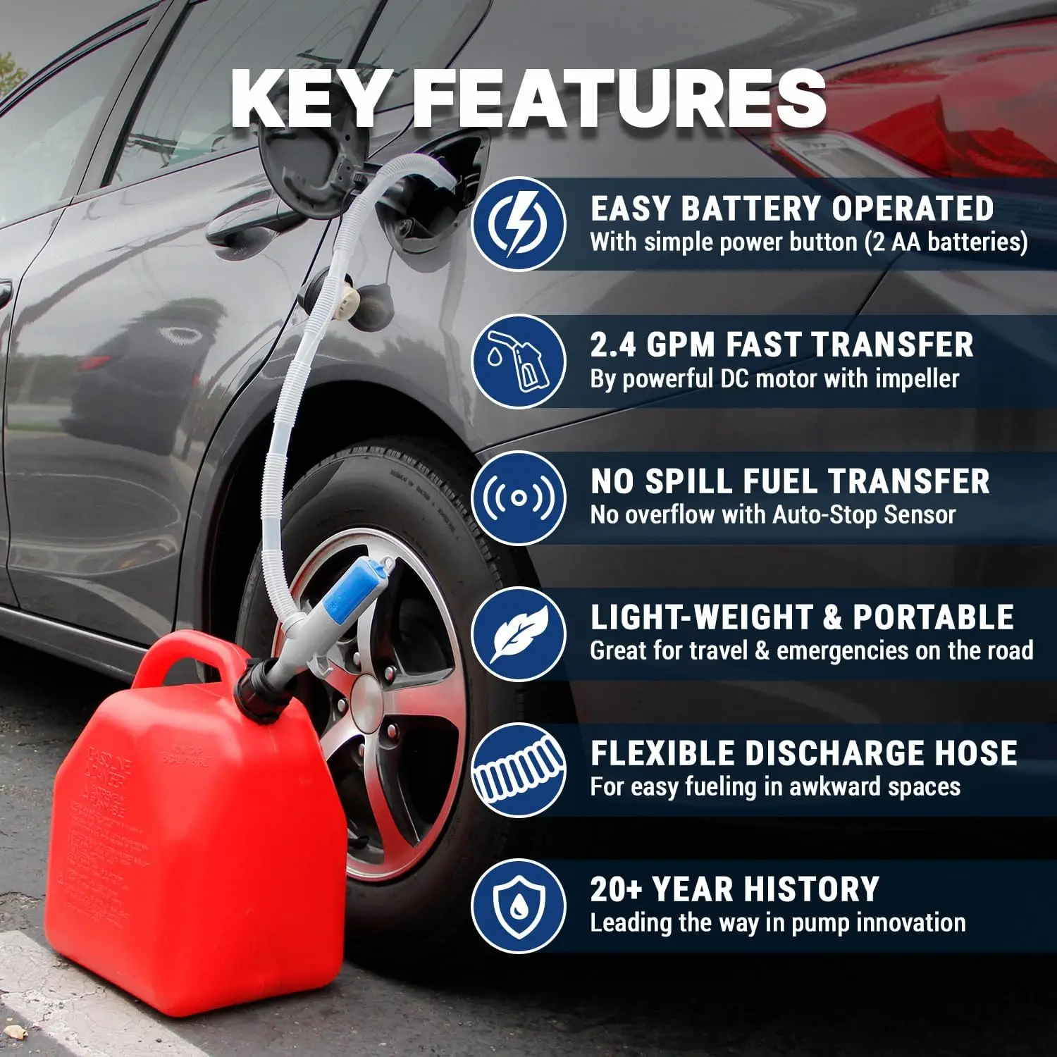 Automatic Portable Battery Operated Fuel Transfer Pump w/Auto Stop Sensor & Nozzle Clip, Powerful Hand Fuel Pump- Quick Liquid
